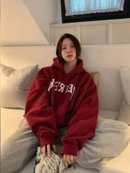 Red Hooded Women Clothing Vintage Street Sweatshirt Hiphop Y2K Letter Printing Pullover Long Sleeves Warm Oversize Ladies Tops