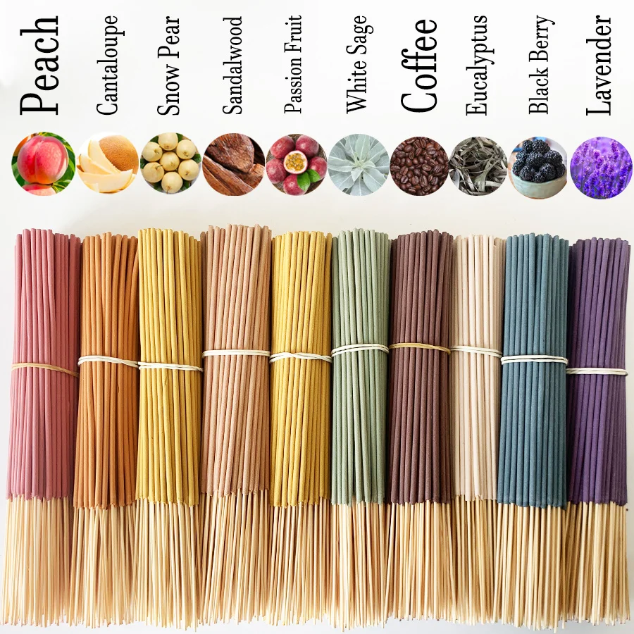 【10 Düfte】Hochwertige handgefertigte Räucherstäbchen, 22 cm lange Bambus-Räucherstäbchen, hergestellt aus zehn Düften, Pfirsich, Cantaloupe, Schnee, Brombeere, Sandelholz, Weißsalbei, Eukalyptus und Lavendel, mit natürlichem und langlebigem Duft