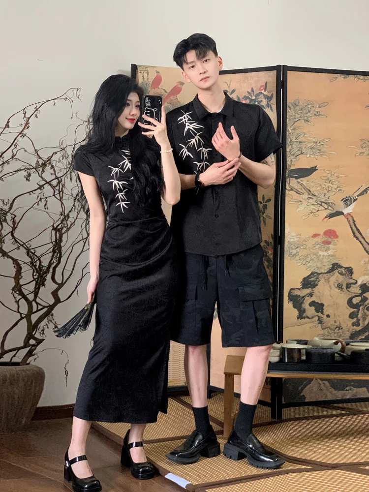 

New Chinese Style Couple Clothes Summer National Short Sleeve Shirt Elegant High-End Feeling Improved Qipao Dress One Skirt O...