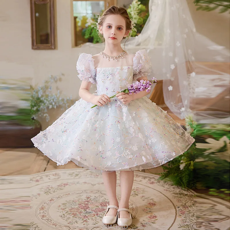 2025 White Flower Girl Wedding Dress Princess Ball Gown Kids Clothes Birthday Party Tutu Dress Children Piano Recital Outfit