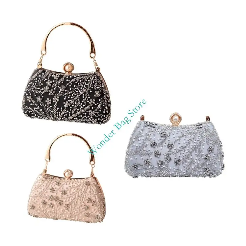 

H3CB Sparkly Clutches Purses Women Handbags with Detachable Chain Pearls Evening Bags Shoulder Bag for Prom Party Wedding