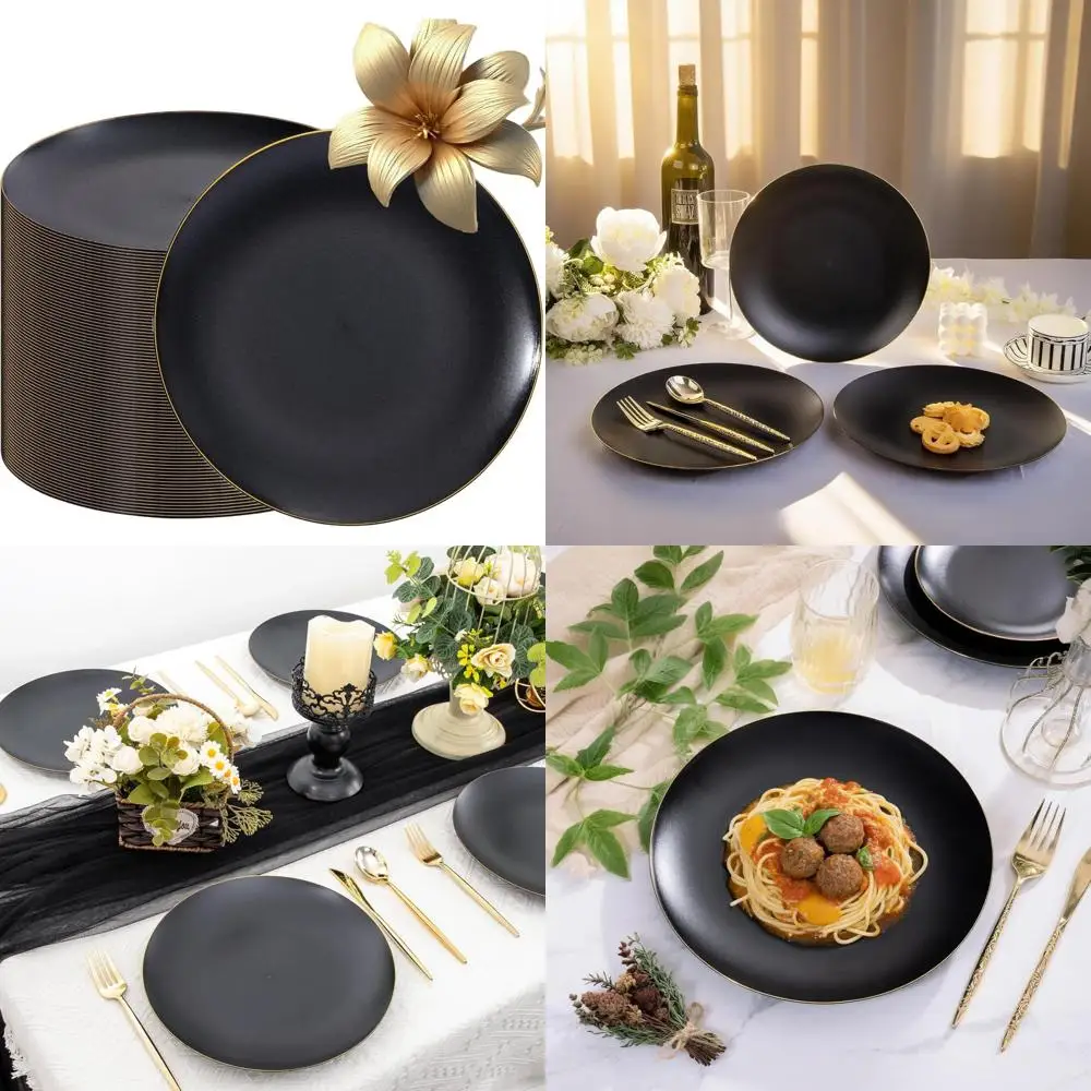 

Черно-золотые одноразовые обеденные тарелки, упаковка из 80 штук, пластиковые тарелки для вечеринок размером 10,25 дюйма с золотой оправой, матовая отделка