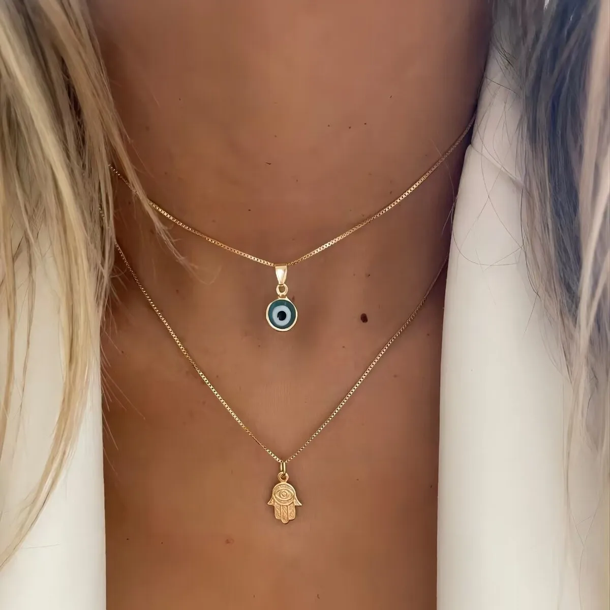 Collar de mal de ojo de la suerte, colgante de doble capa con microincrustaciones de diamantes de imitación, cadena de protección para clavícula, regalo