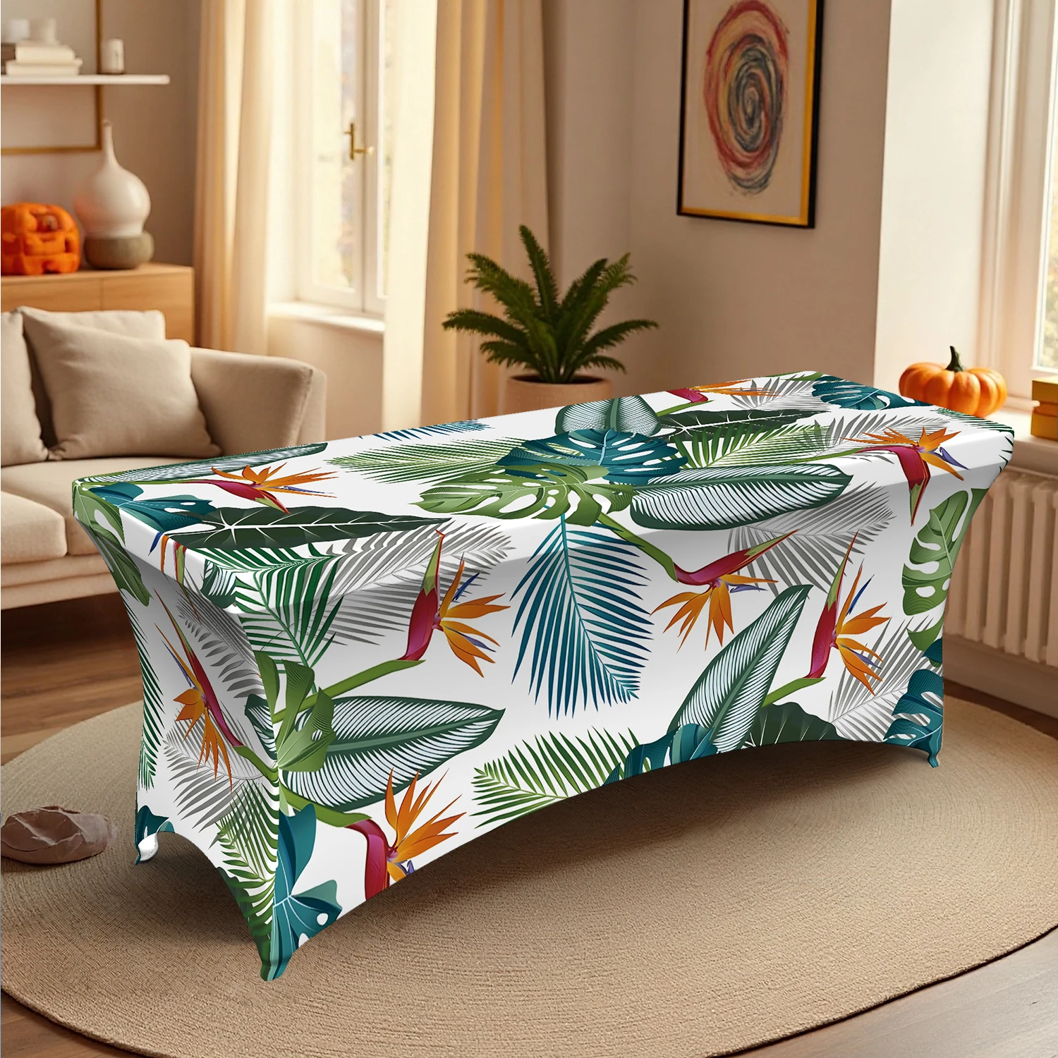 1PC Summer Outdoor Elastic Tablecloth, Tropical Plant & Bird of Paradise Print, 4/6/8FT Rectangular Stretchab