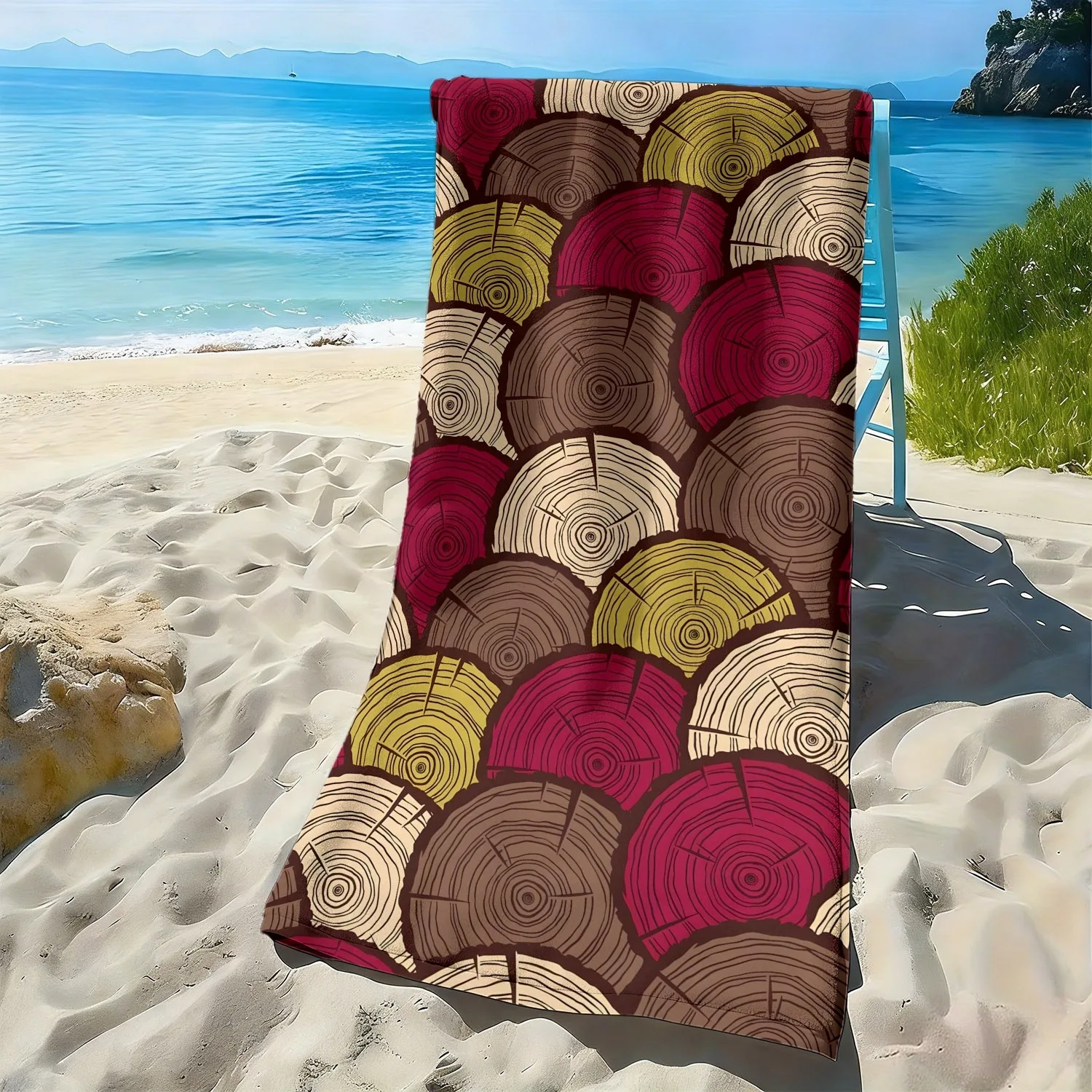 Log wind annual ring pattern print polyester microfiber beach towel is highly absorbent, suitable for swimming and beach outings