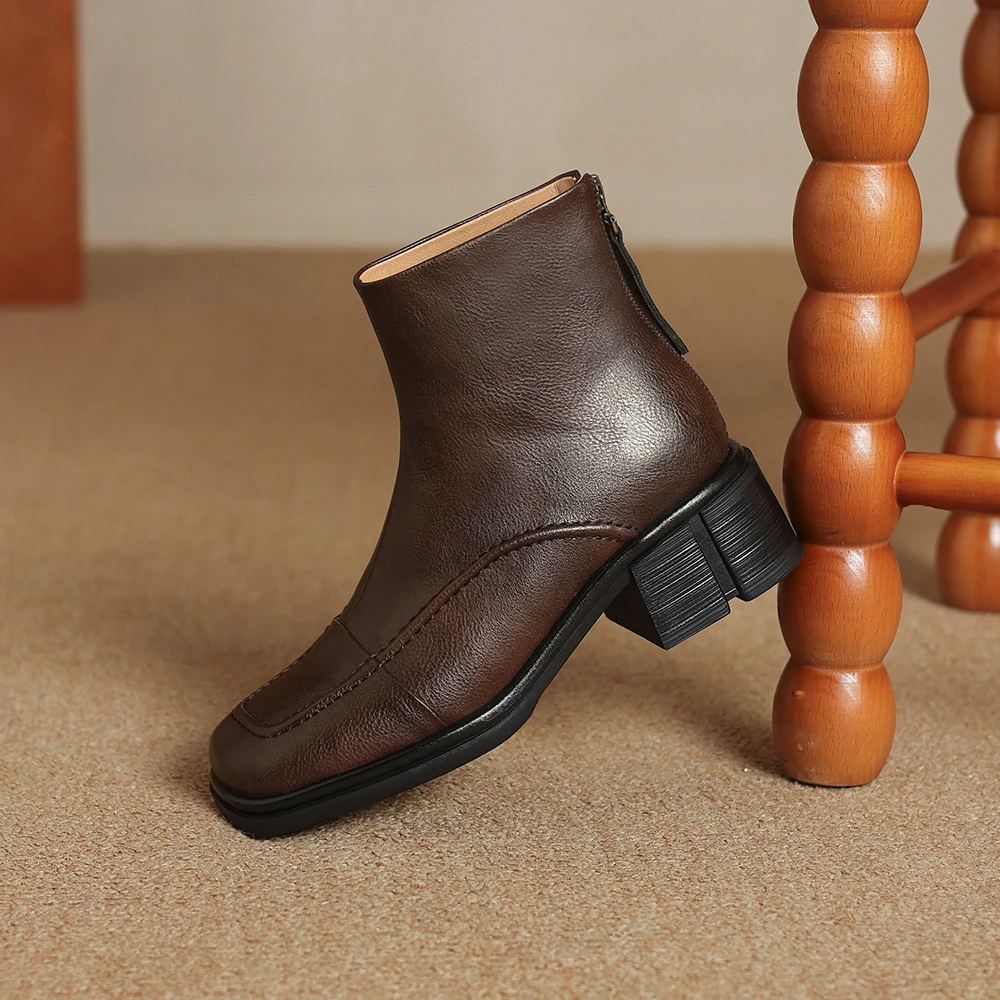 Aucegi النمط الكلاسيكي جلد طبيعي شتاء دافئ الثلوج حذاء من الجلد النساء ساحة تو سميكة عالية الكعب عودة سستة ركاب الأحذية #4