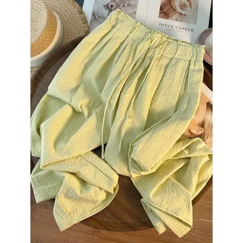 

Женские повседневные брюки с высокой талией, широкими штанинами и завязками, из легкой текстурированной ткани, летние