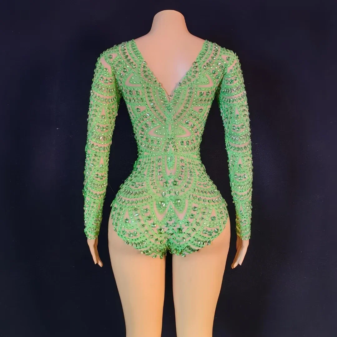 Sparkle Green Diamond Crystal Long Sleeved Jumpsuit Lady Fashion Club Party Costumes Sexy Rhinestone Stage Performance Bodysuits