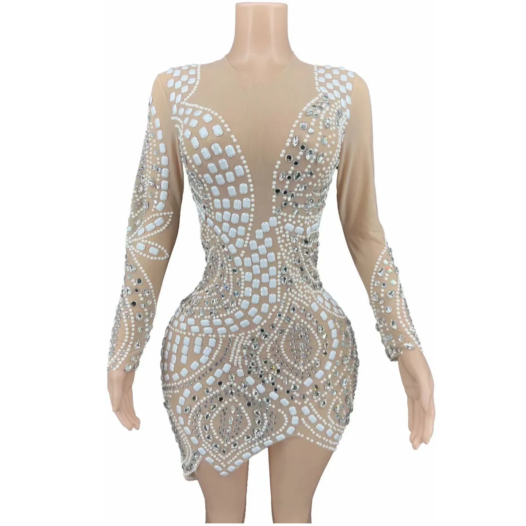 Vestido tubo de manga larga de gasa Sexy con perlas de cristal y diamantes de imitación brillantes desnudos para mujer, ropa para fiesta y Club, disfraz de escenario musical