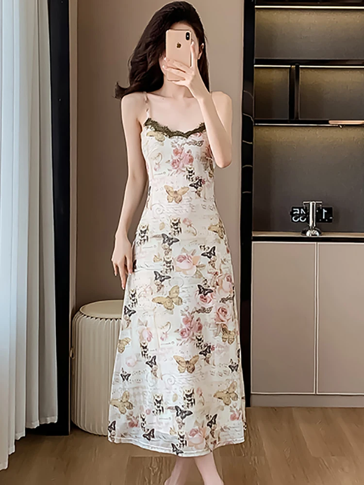 Vestido largo bohemio Floral elegante con tirantes de encaje para mujer, vestido Sexy de moda coreana para vacaciones, vestido ceñido Vintage de lujo para verano 2024