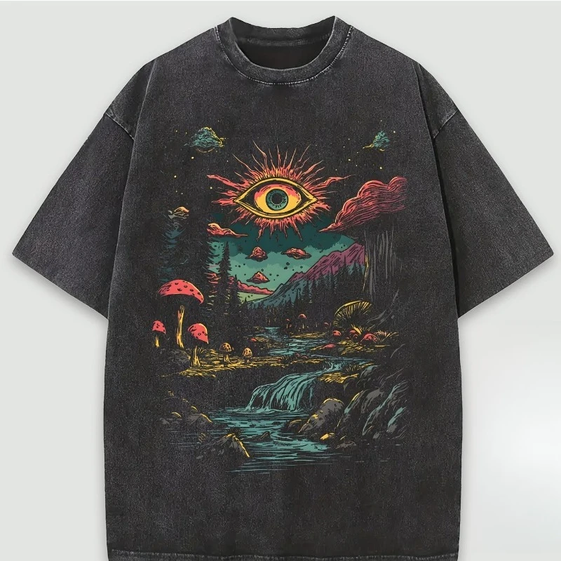 

Летняя мужская футболка с узором - Темный фэнтезийный лес со светящимся принтом солнечных глаз - Повседневный топ в уличном стиле - Городская одежда