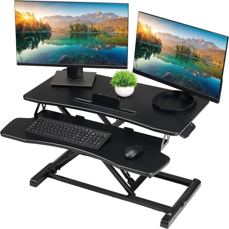 32-Inch Dual Monitor Electric Standing Desk Converter with Removable Keyboard Tray, Height Adjustable Standing Computer Desk for