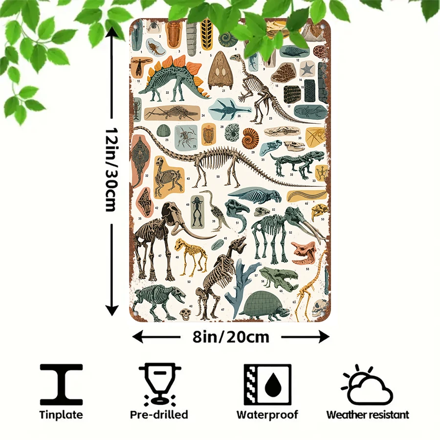 2D flat retro metal tin plate, Vintage Dinosaur Fossil Anatomy Chart Tin Sign, Suitable for home, garage, café, bar and garden decoration - Detail 1