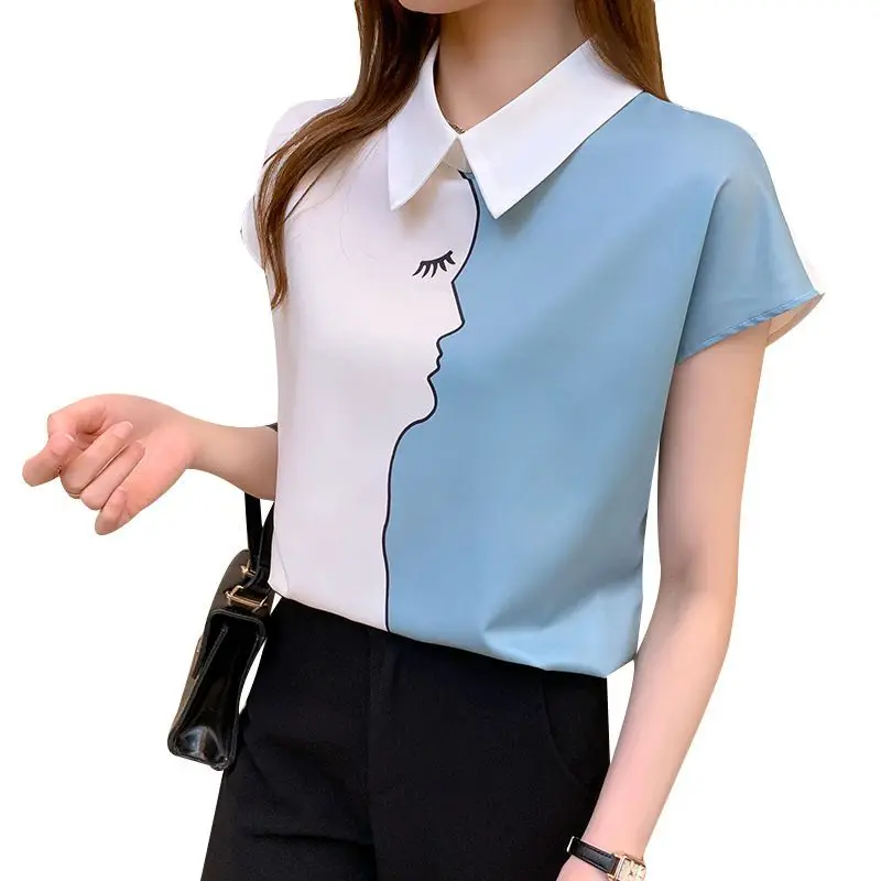 Contrast Patchwork Printing Chiffon Blouse Summer New Thin Short Sleeve Temperament Shirt Tops Fashion Elegant Women Clothing