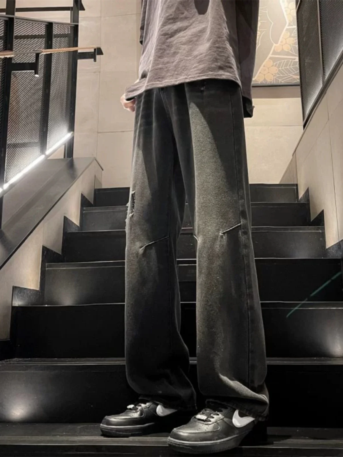 

Мужские джинсы в американском ретро-стиле с высокой талией, прямые широкие брюки, с эффектом потертости, молодежные, модные, прочные, из эластичного денима