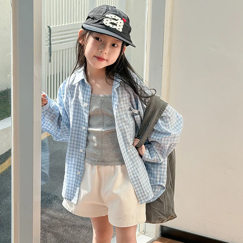 Girls Trendy and Fresh Plaid Top Korean Loose and Casual Plaid Shirt Sunscreen Jacket 2026 Summer New