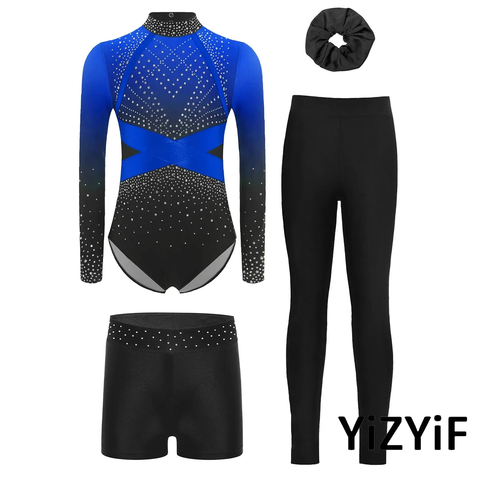 

4Pcs/Set Kids Girls Dance Artistic Gymnastics Dance Outfits Long Sleeve Color Block Leotard with Shorts Leggings And Headwear