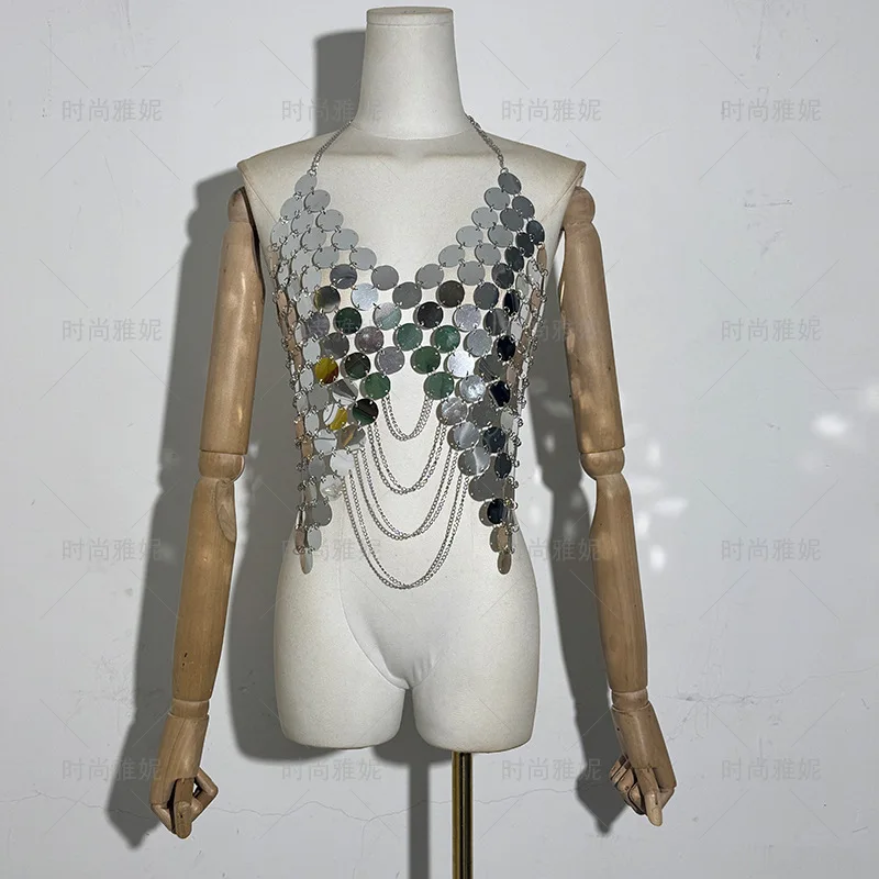 European And American V-Neck Halter Sequin Backless Vest Women'S Body Chain Outerwear Chest Accessory Sexy Top Fashion