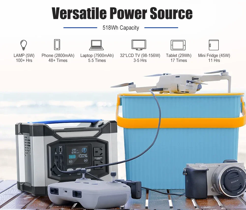 ATEM POWER 518Wh DC AC 500W Baterai Lithium Bank Pembangkit Listrik Portabel dengan Port USB Tipe C untuk Berkemah Di Luar Ruangan