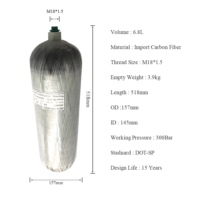 Acecare Carbon Fiber Cylinde 6.8L DOT Diving 300bar Carbon Cylinder 4500Psi Air Tank for Fire Safety