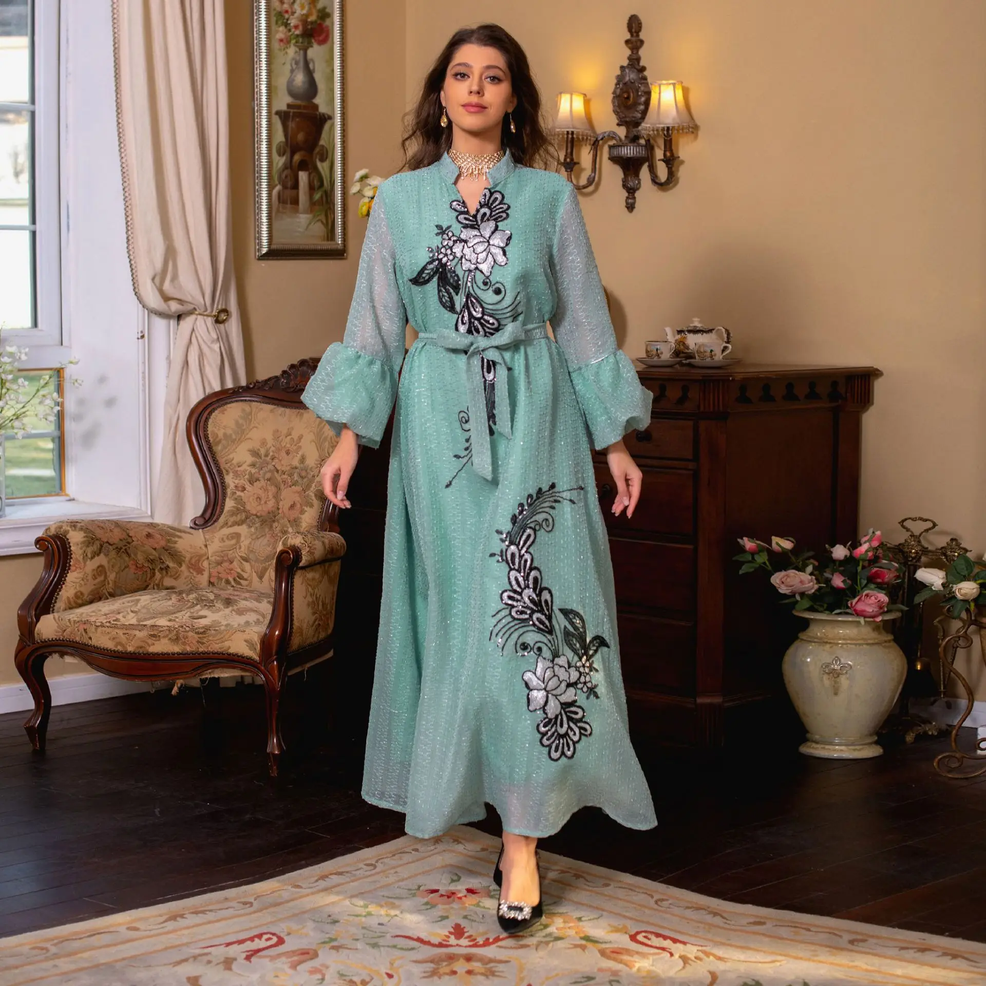 Imagem -02 - Abayas de Malha Bordada para Mulheres Eid Abaya Solto Ramadã Kaftan Dubai Árabe Turquia Robe Arábia Saudita Vestidos de Festa Muçulmanos