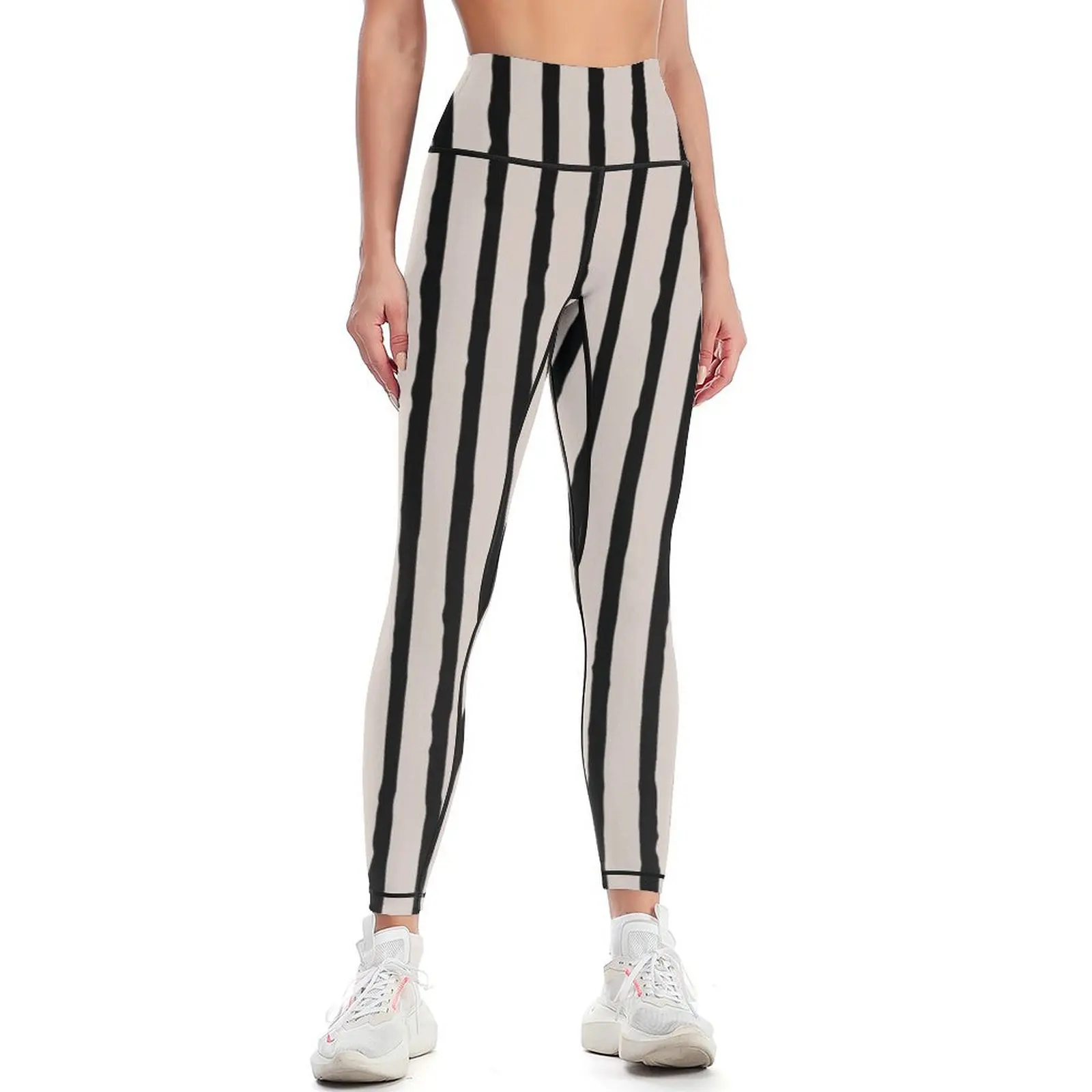 

Black and Ivory Hand drawn Vertical Stripes Leggings Women's push up fitness set gym sport legging high waist Womens Leggings