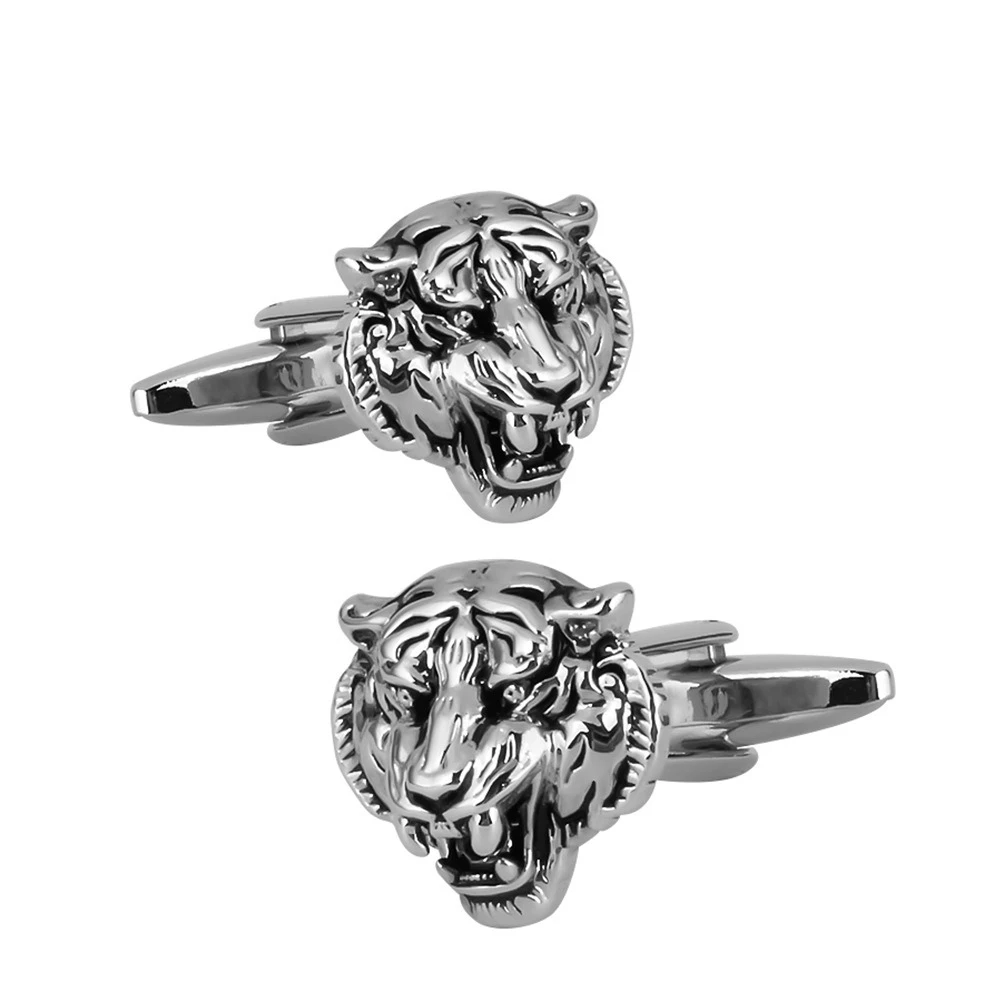 Exquisite Three-dimensional Tiger Head Relief Cufflinks Men's French Shirt Cuff Button Round Cross Cuff Nail for Business Dress view 2