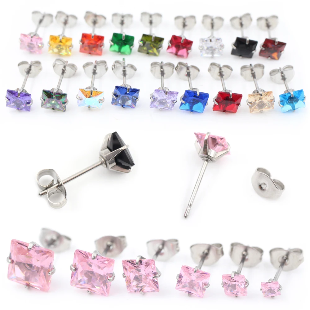 Alisouy 2 Stück Edelstahl Quadratische Zirkonia-Stein Schmetterling Push-Back Ohrstecker für Frauen Mädchen Männer Knorpel Helix Ohrringe