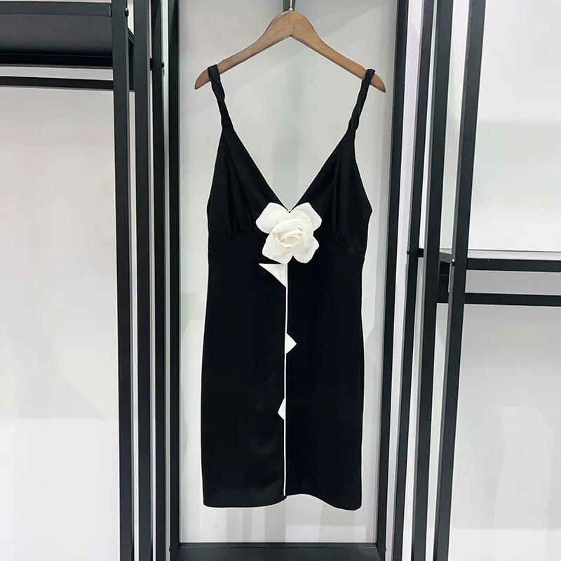 Women's 2026 Spring Summer French Style Bodycon Mini Dress | Contrast 3D Rose Decor V-Neck Spaghetti Strap Slimming Party Dress
