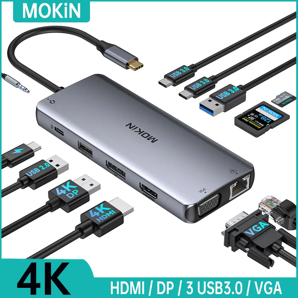 

MOKiN USB Type-C к HDMI-концентратору Док-станция DP 4K 60 Гц RJ45 VGA PD100W Адаптер для Macbook Pro M2 M1 USB C HUB 3 USB3.0 5 Гбит/с