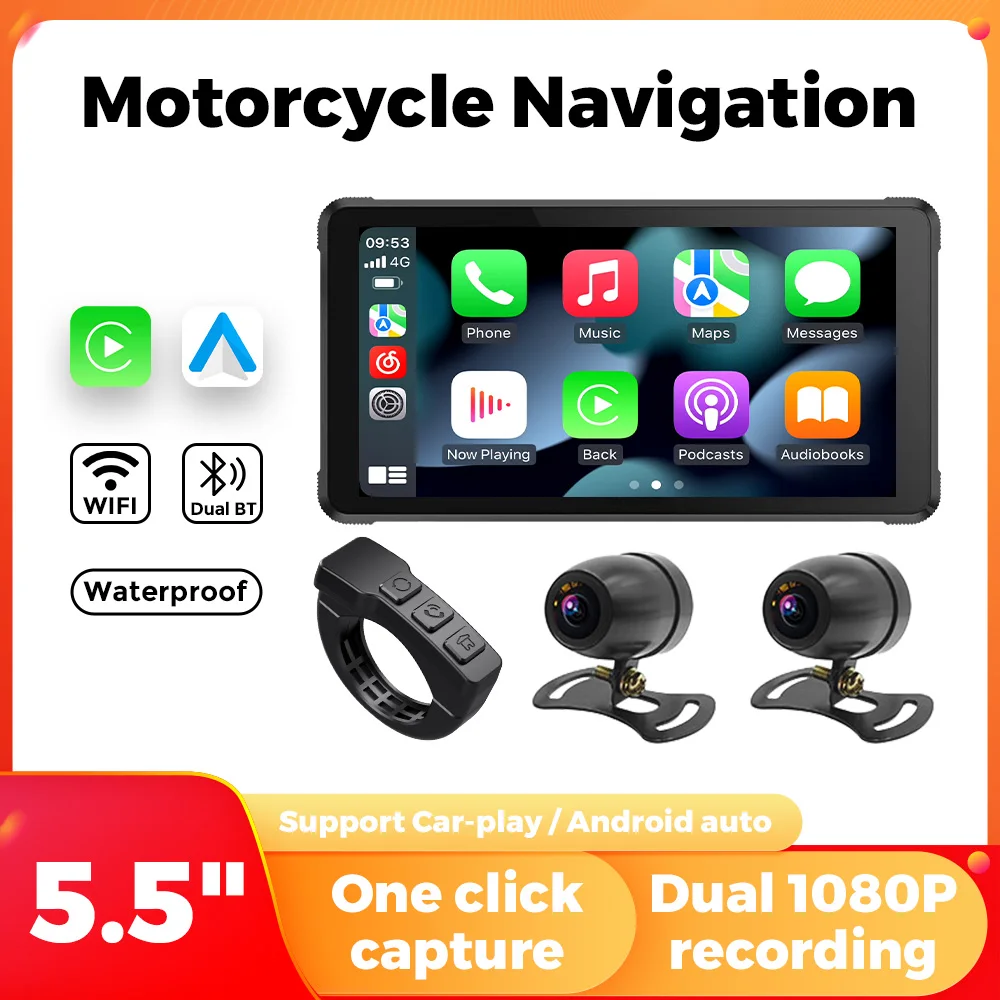 

5.5'' Motorcycle Portable Screen IP67 Waterproof Wireless Carplay Android Auto Moto Display Car Monitor DVR Drive Recorder WIFI