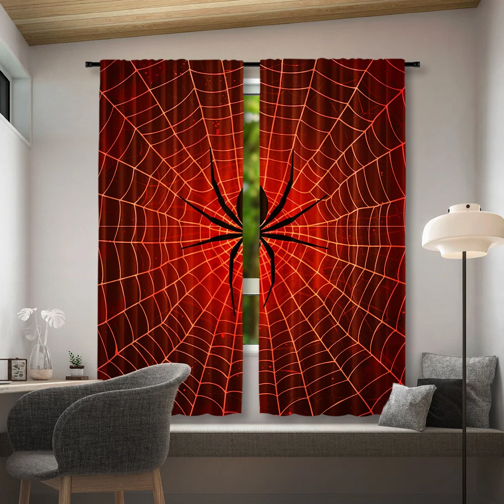 Red Spider Web Black Spider Curtains 2 Panels, Dark Gradient Red Web Halloween Horror Gothic Cool Decor Bedroom Curtain