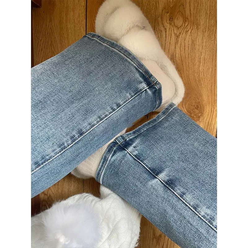 Light Blue High Waist Flared Jeans Women's Autumn New Large Size Small Height Straight Leg Floor-Length Bell Pants