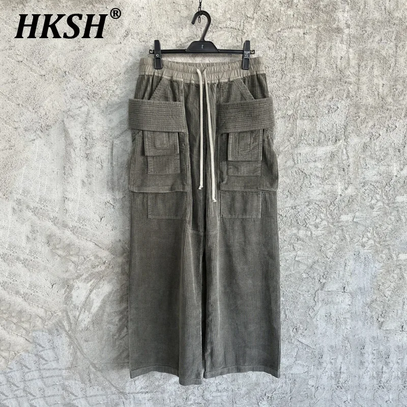 HKSH RO Corduroy Pocket Safari Style Cargo Pants Wide Leg Versatile Vintage High Street Loose Straight Micro Flared Retro HK2124