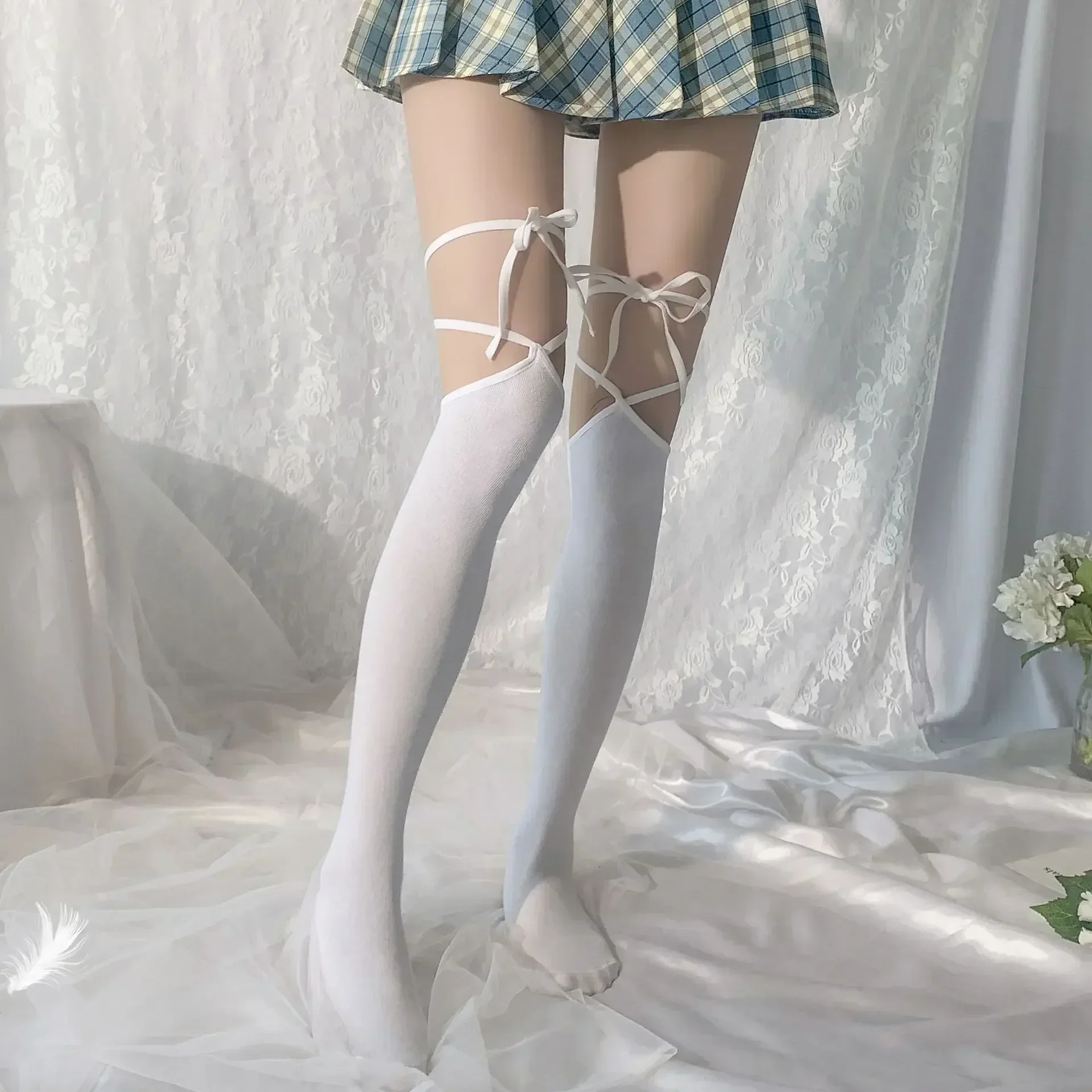 Sexy Cross-Tie Over The Knee Lolita Sock Personality Jk Uniform Thigh Stocking Black White Knee High Long Socks