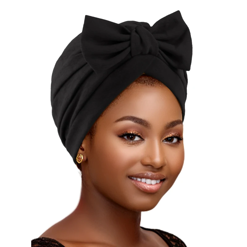 New Women African Pleated Bow Turban Hat Solid Color Head Cover chemo Cap Muslim Inner Hijabs Hats Bonnet Islamic Beanies