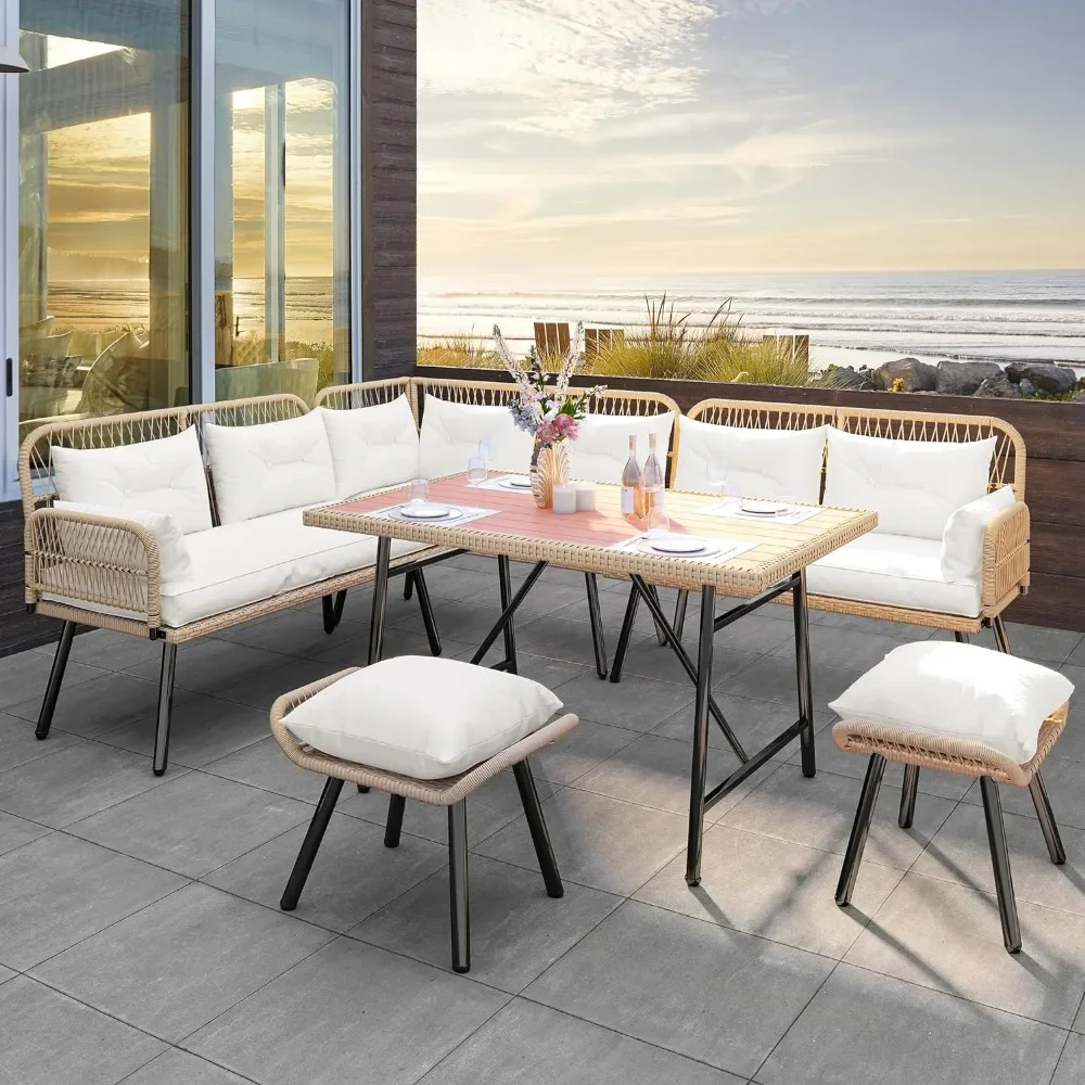 

Patio Wicker L-Shaped Furniture Set, Rattan Outdoor Conversation Sofa Sets with Soft Cushions, Ottomans and Wood Dining Table