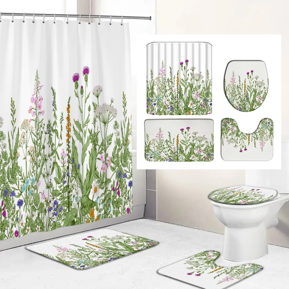 180*180cm Shower Curtain Flowers Plant Polyester Bathroom Curtains Set Bath Mats Rugs Toilet Lid Cover Anti-slip Pedestal Carpet