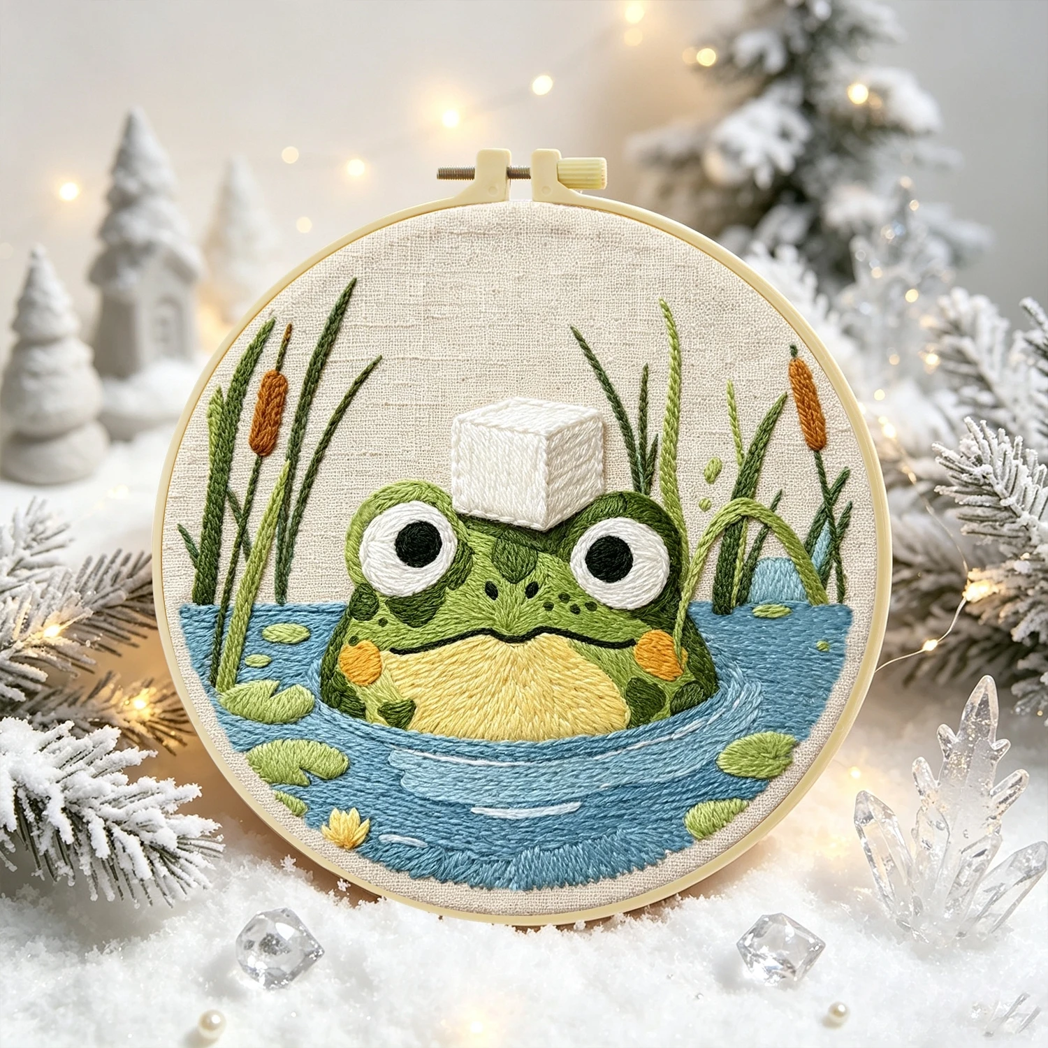 1 Set Eiswürfel-Frosch DIY-Stickerei-Set für Anfänger, Stickerei-Starter-Kit, Kreuzstich-Kunstgeschenk, Handarbeits-Bastelset – Detail 5