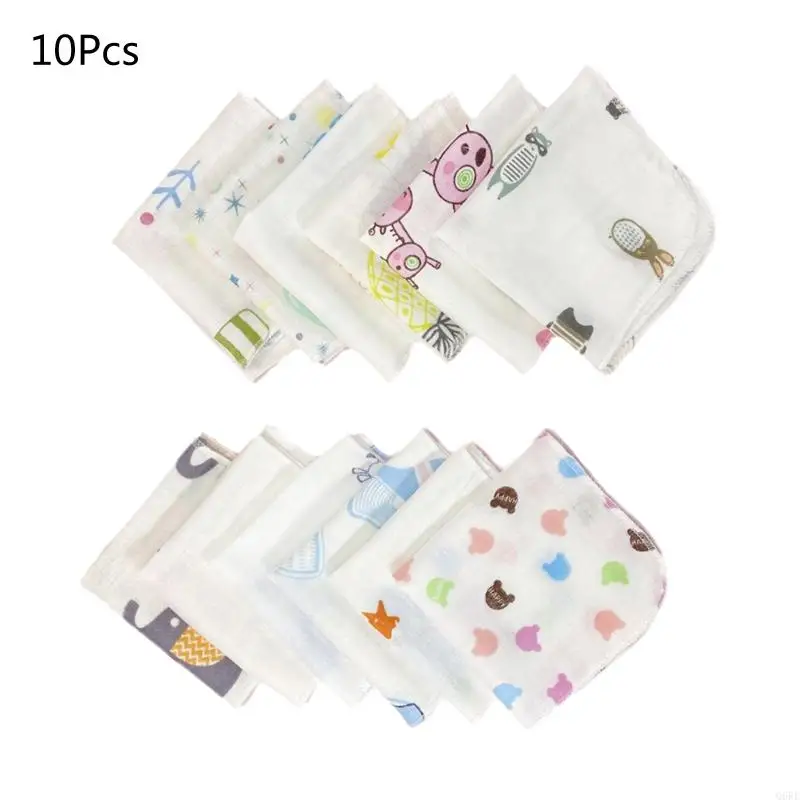 

Q6RE 10Pcs 20x20cm Baby Washcloths Set Cartoon Print Double Layer Gauze Infant Face Towel Reusable Wipes Absorbent Square