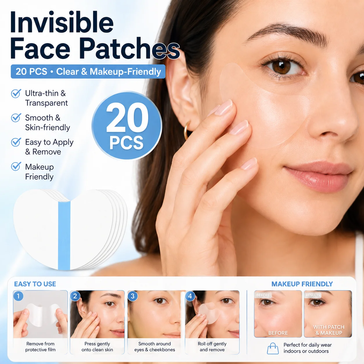 20pcs Invisible Beauty Patches, Ultra-Thin Face Tape for Outdoor, Sports, Travel & Daily Use, Easy to Carry