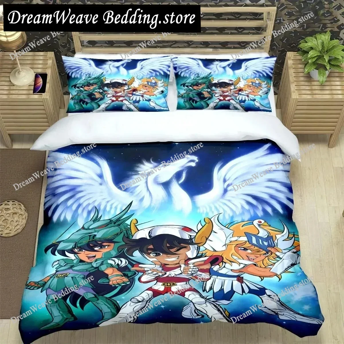 Saint Seiya 3D Bedding Set Black Duvet Quilt Cover Set Comforter Cover Pillowcase King Queen Size Polyester Quilt Cover
