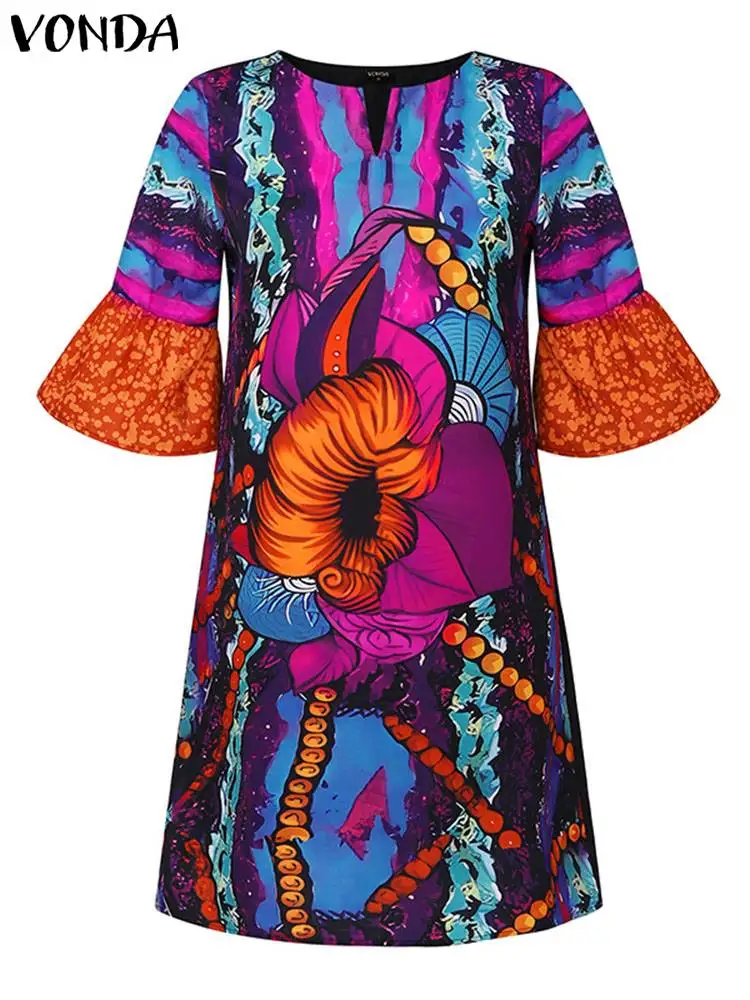 VONDA-Robe courte style bohème pour femme, tenue de soirée décontractée, grande taille 5XL, col rond, manches évasées, mode 2024