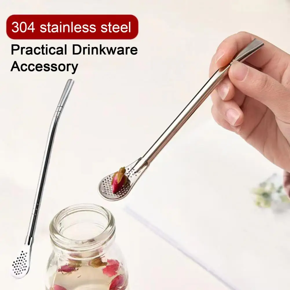 2 Pcs Stainless Steel Straw Filter Spoon Tea Strainer Spoon Filter Drinking Straws with Cleaning Brush Double-sided Tea Straw