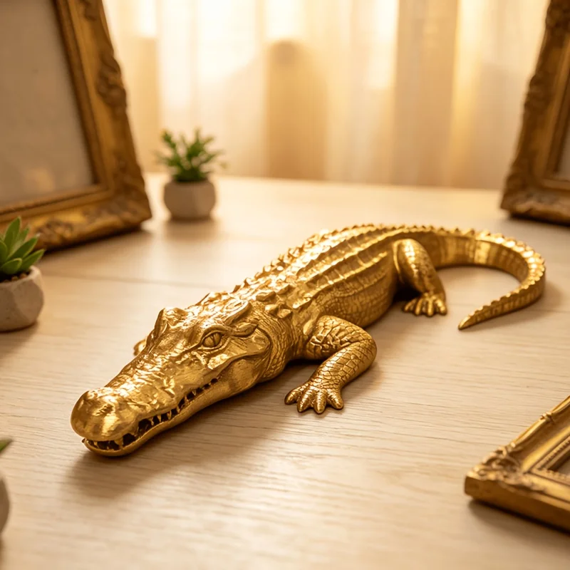 Golden Crocodile Resin Statue Ornament, Realistic Alligator Figurine Sculpture, Animal Decorative Craft for Home Office Desktop
