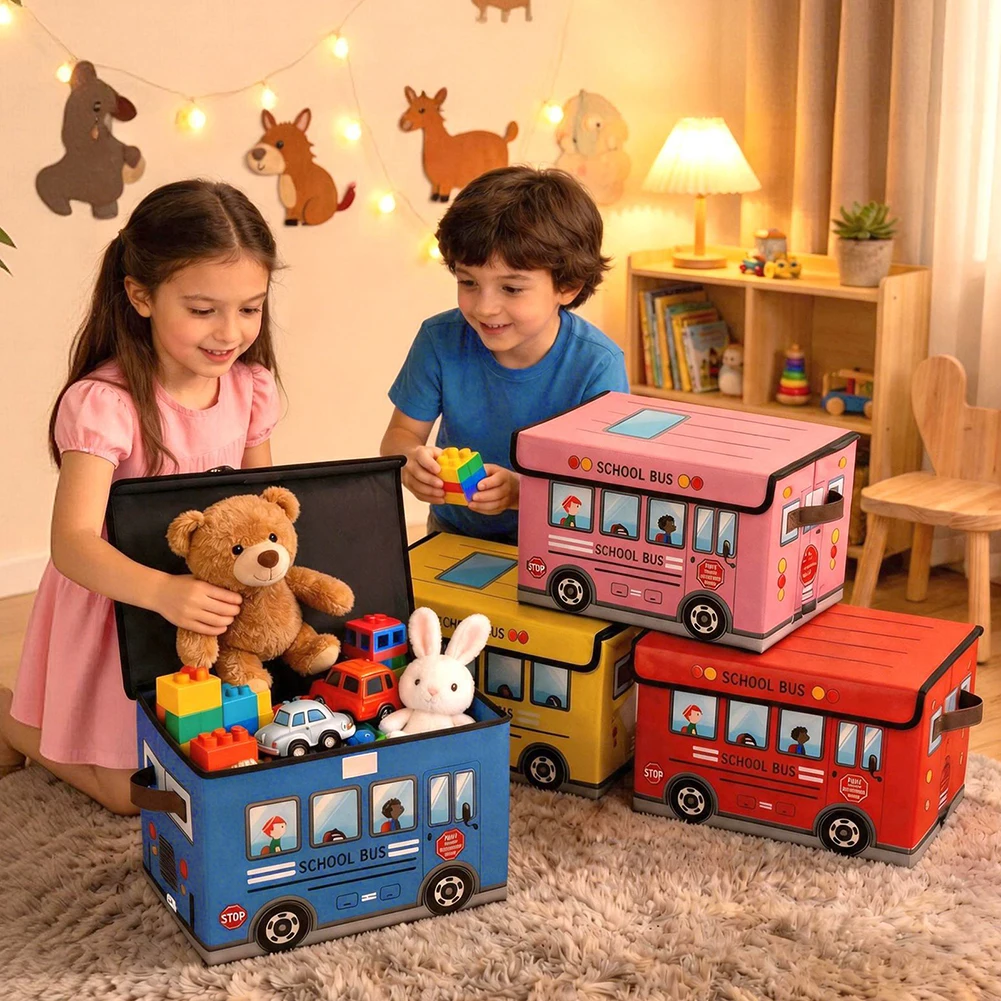 Cartoon School Bus Children's Storage Box, Foldable Waterproof Storage Box With Lid, Large Capacity Toy Clothing Book Box