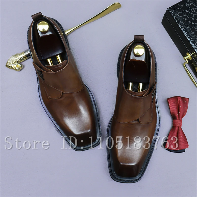 Cowhide Thick Soled Men Business Shoes Square Toe Metal Buckle Genuine Leather Height Increasing Wedding Party Dress Shoes