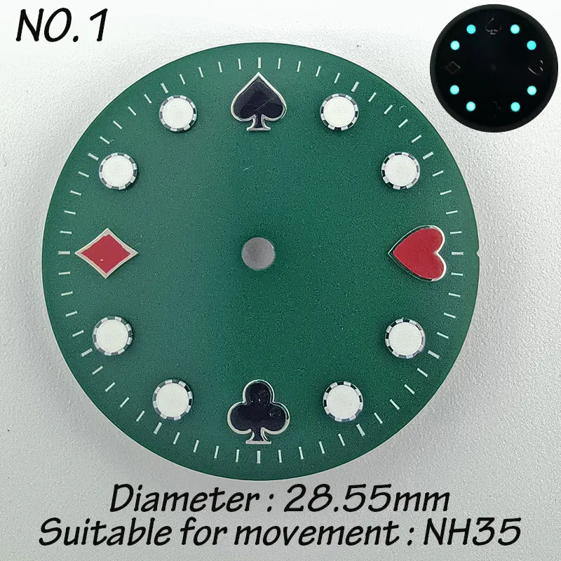 Mostrador de relógio nh35 de 28.5mm com padrões de desenhos animados de pôquer verde azul luminoso mostrador asséptico acessórios de relógio modificados para movimento nh35