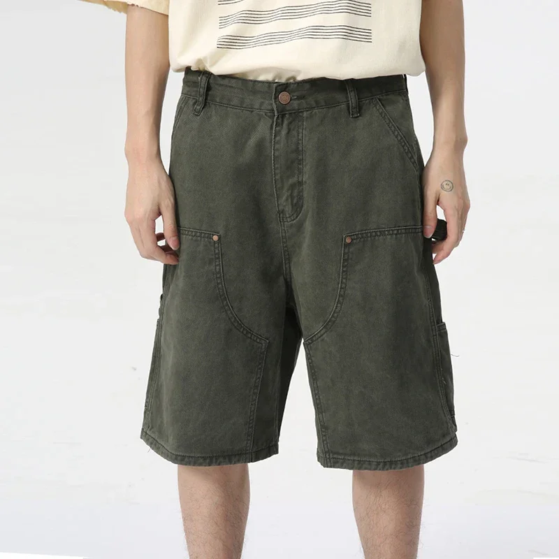 

Men's Wear Knee Length Denim Shorts Summer New Multi Pocket Loose Jeans Solid Color Japanese Style Male Overalls