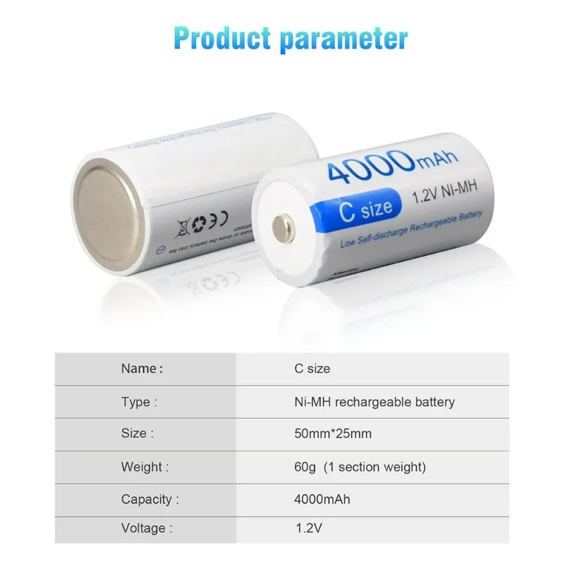 2PCS 1.2V 4000mAh C Size Ni‑MH Rechargeable Battery for Domestic Water Heater with Natural Gas Stove Emergency Light ElectricToy